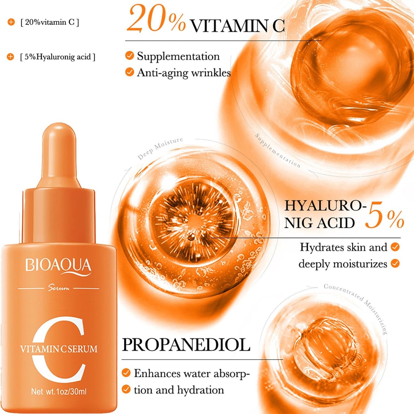 BIOAQUA Vitamin C Facial Serum 30ml Hyaluronic Acid Essence Anti-Aging Moisturizing Face Skin Care