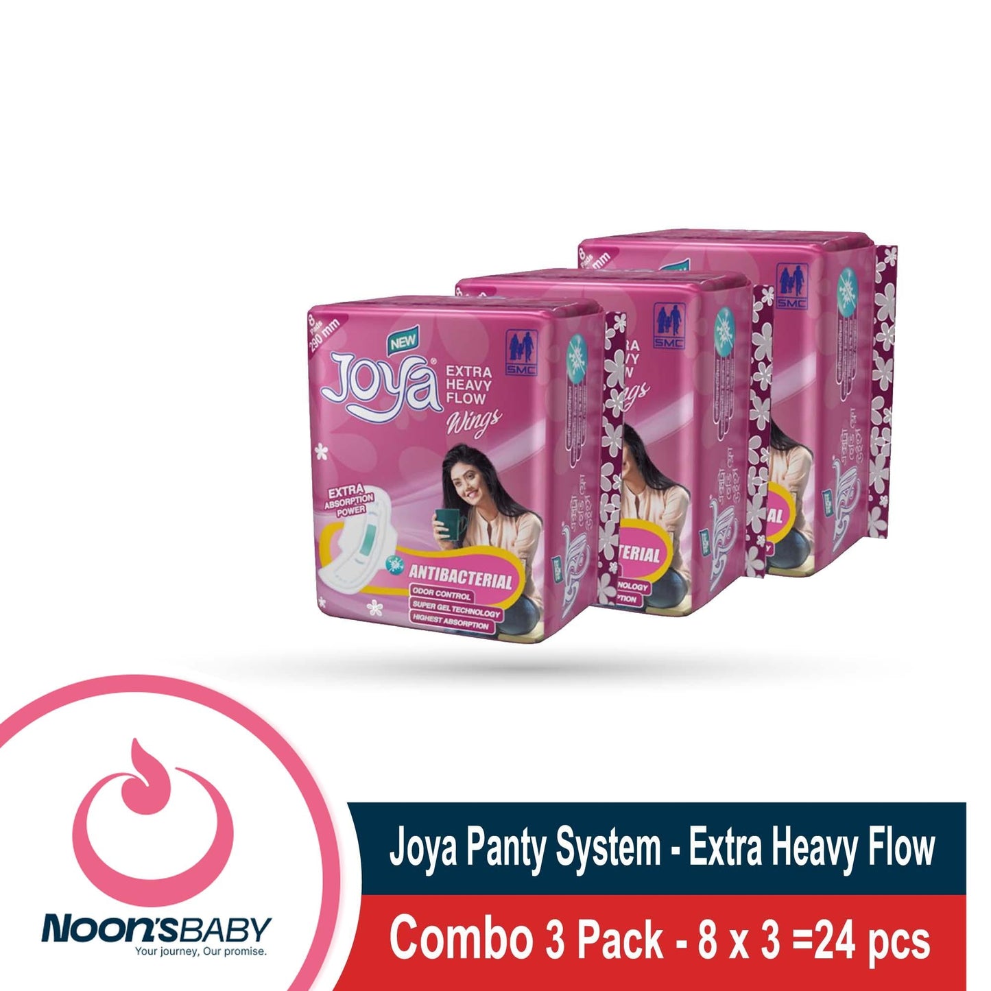 Joya Sanitary Napkin - Wings Extra Heavy Flow - 8 Pads Pack - Panty/Wings System - Combo of 3 Pack - 24 Pads - pad