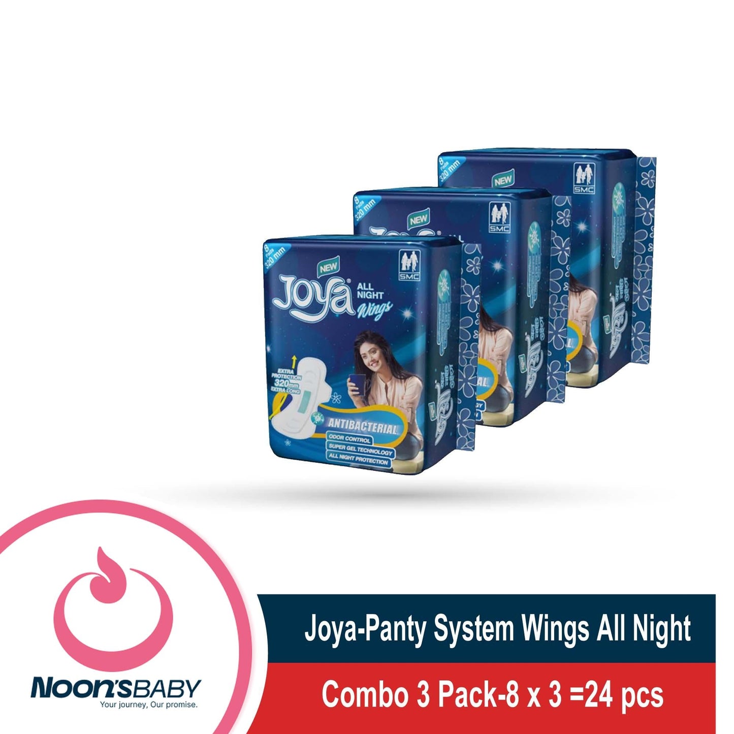Joya Sanitary Napkin - Wings All Night - 8 Pads Pack - Panty/Wings System - Combo of 3 Pack - 24 Pads - pad