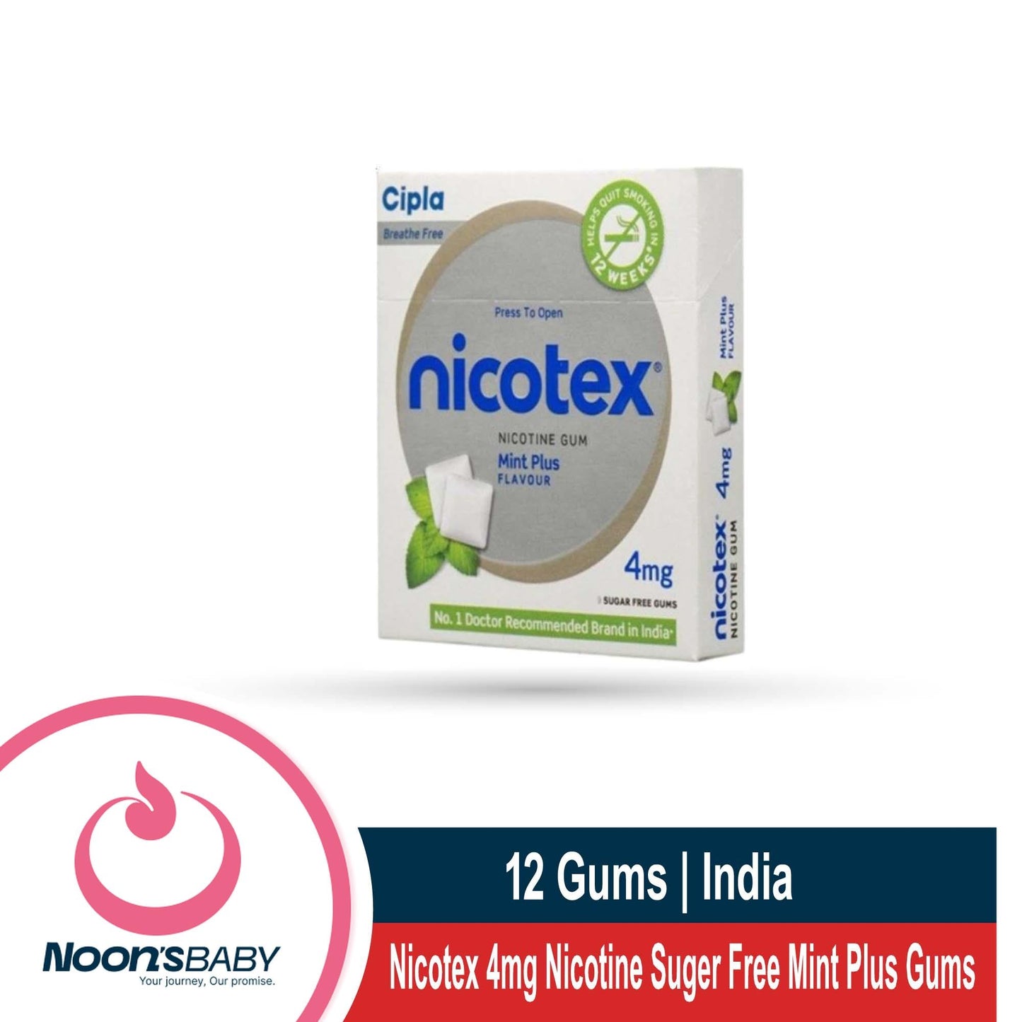 Cipla Nicotex Nicotine Sugar Free Mint Plus Gums 4Mg 12 Gums Each Pack | Helps To Quit Smoking - Who | Approved Therapy
