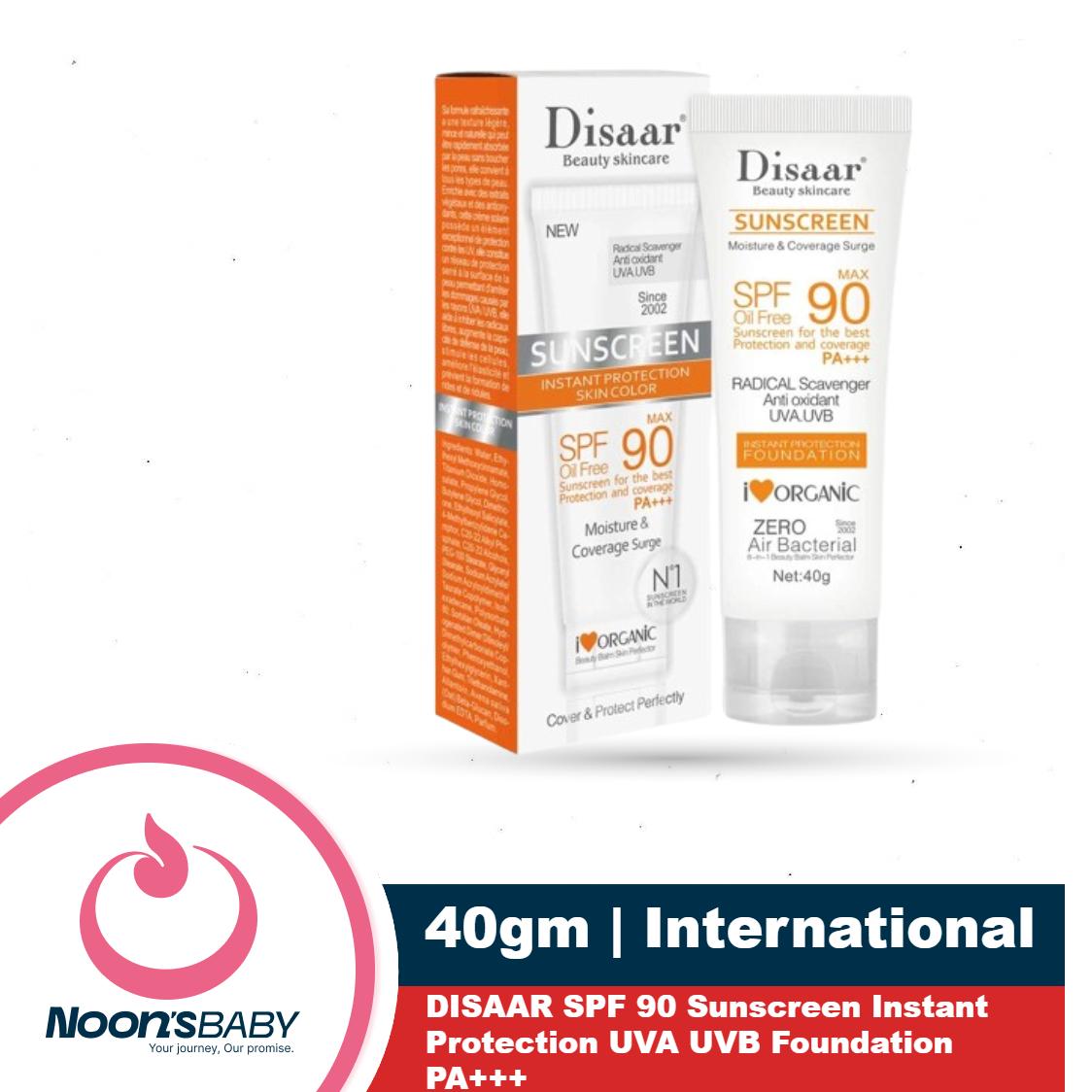 Disaar SPF90 Oil-Free Sunscreen Cream 40g | Instant Protection UVA UVB Foundation PA+++