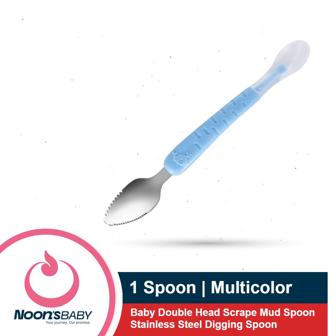 1pcs Multicolor New Design Double Head Scraper Mud Spoon Stainless Steel Fruit Mud Spoon Baby Silicone Spoon for Kids Feeding