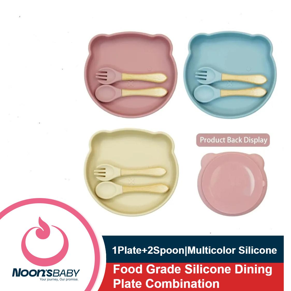 Baby Feeding Set 1Plate+2Spoon Set Multicolor Silicone | Food Grade Silicone Dining Plate Combination Baby Feeding Dining Plate Cartoon Kids Dishes Eating Training Accessories