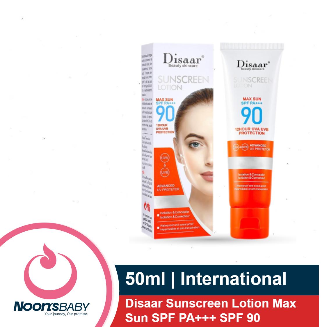 Disaar Sunscreen Lotion 50ml Max Sun SPF PA+++ SPF90 12Hour UVA UVB Protection