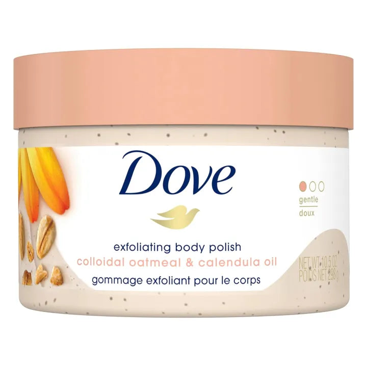 Dove Exfoliating Body Scrub Pomegranate Seeds 225ml / Macadamia & Rice Milk Scent 225ml / Body Polish Brown Sugar & Coconut Butter 298gm / Oatmeal & Calendula Oil 298gm | Made in Slovakia