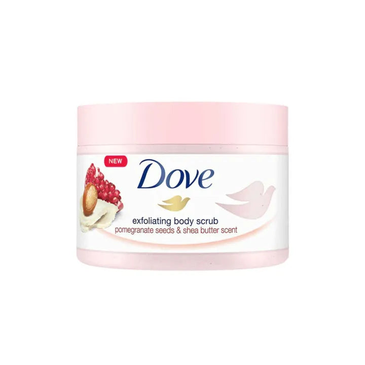 Dove Exfoliating Body Scrub Pomegranate Seeds 225ml / Macadamia & Rice Milk Scent 225ml / Body Polish Brown Sugar & Coconut Butter 298gm / Oatmeal & Calendula Oil 298gm | Made in Slovakia