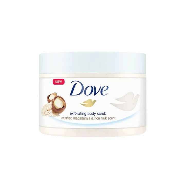 Dove Exfoliating Body Scrub Pomegranate Seeds 225ml / Macadamia & Rice Milk Scent 225ml / Body Polish Brown Sugar & Coconut Butter 298gm / Oatmeal & Calendula Oil 298gm | Made in Slovakia
