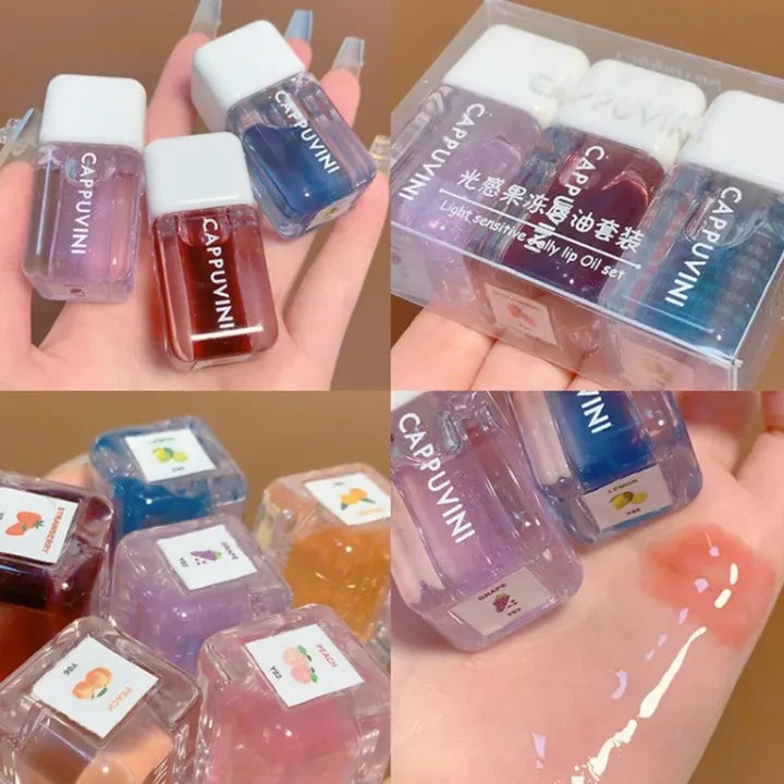 Cappuvini 3pcs Light Sensitive Jelly Lip Oil Set Lip Care