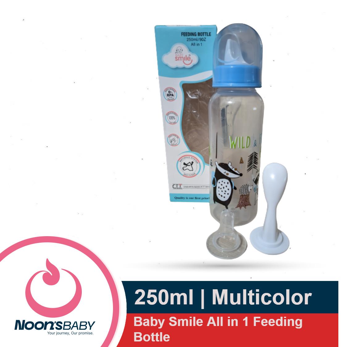 Baby Smile Feeding Bottle All in 1 250ml Baby Plastic Bottle Silicone Nipple with Extra 2 Spoon