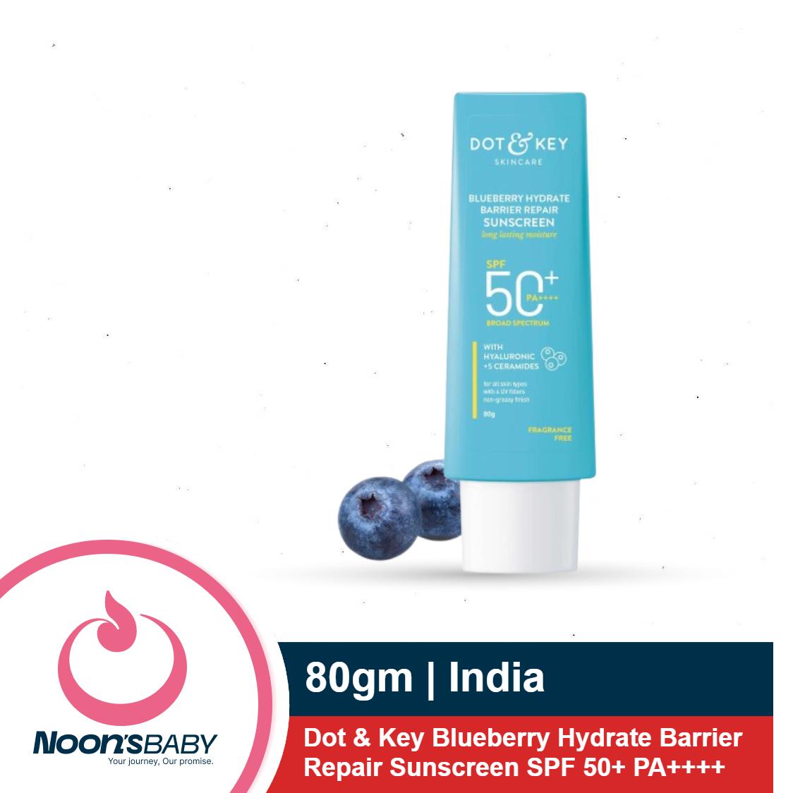 Dot & Key Blueberry Hydrate Barrier Repair Sunscreen 80gm SPF50+ PA++++ | For Dry & Sensitive Skin | Non - Greasy Finish | No White Cast | UV & Blue Light Protection | Broad Spectrum