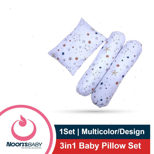 Baby Pillow Set 3 in 1 - 1set Baby Pillow 1x Head Pillow, 2x Side Pillow - Random Multicolor & Design