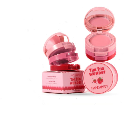 Handaiyan Tint Trio Wonder 3gm – Pocket-Size Lip & Cheek Stain Multi-Use Makeup Powder Pink Blush Cream Blush for Cheeks & Lips, Eyeshadow, Lightweight, Longlasting, 3 Shades Tinted Buildable Blush Face Makeup
