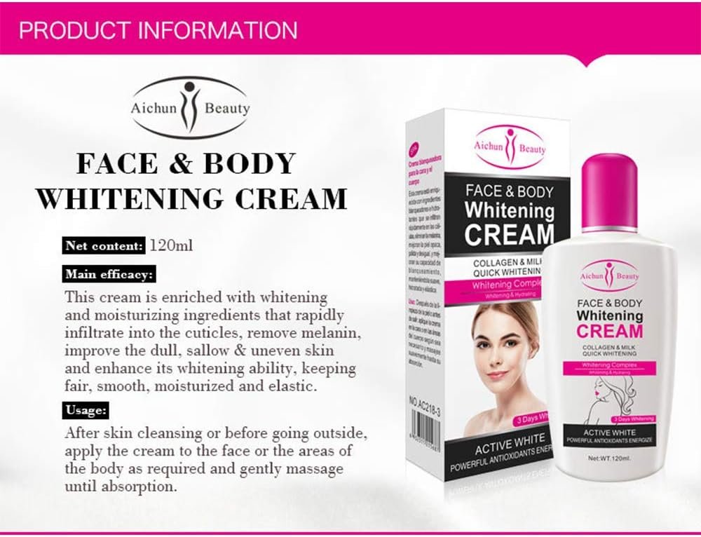 AICHUN BEAUTY 3 DAY Quick Whitening Cream 120ml Whitening Complex Collagen Milk Face & Body Cream Power Antioxidants