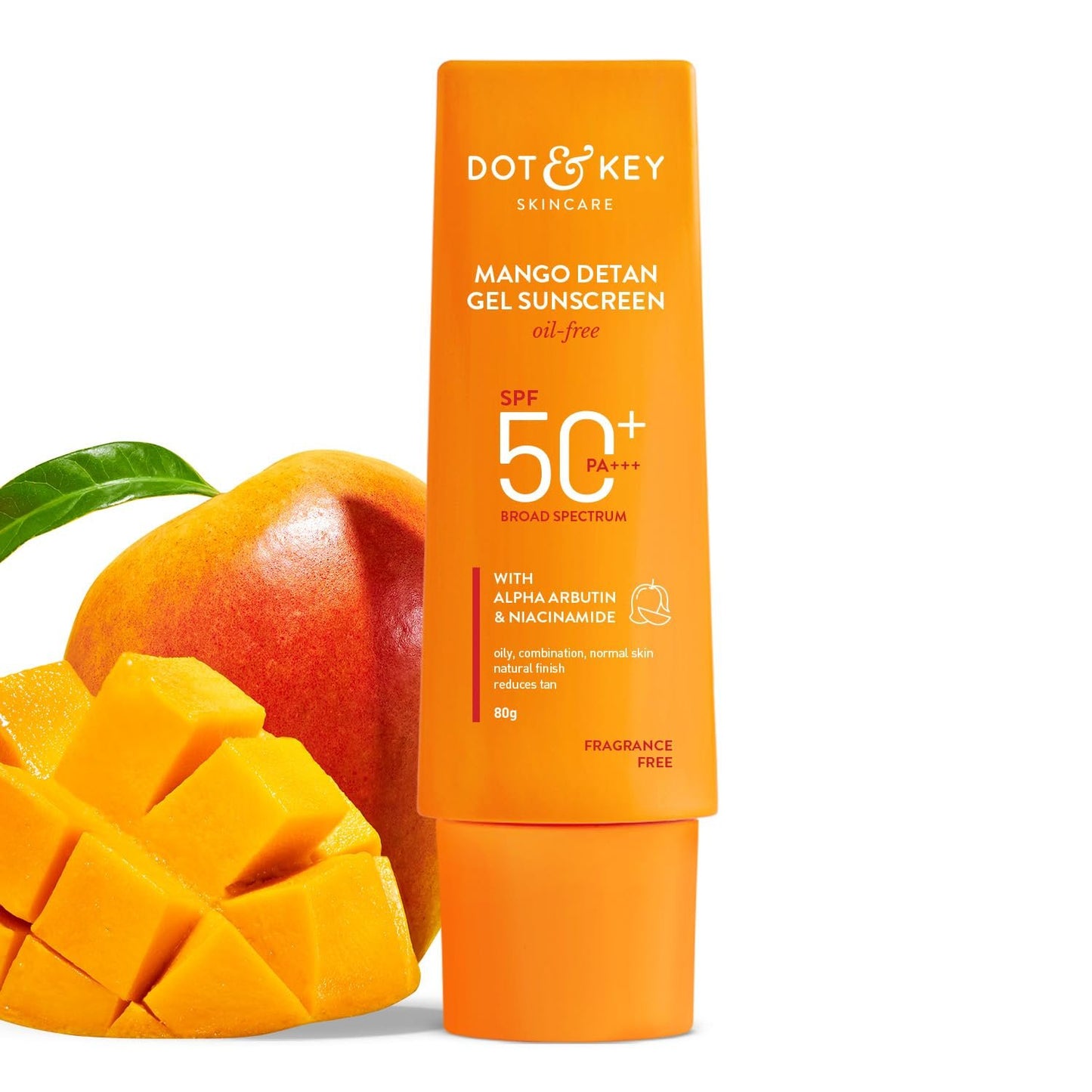 Dot & Key Mango Detan Gel Sunscreen SPF 50+ PA+++ 80gm | Oil-Free, With Alpha-Arbutin & Niacinamide | Controls Tanning, Brightens Skin | Fades Dark Spots, Water Resistant | All Skin Types