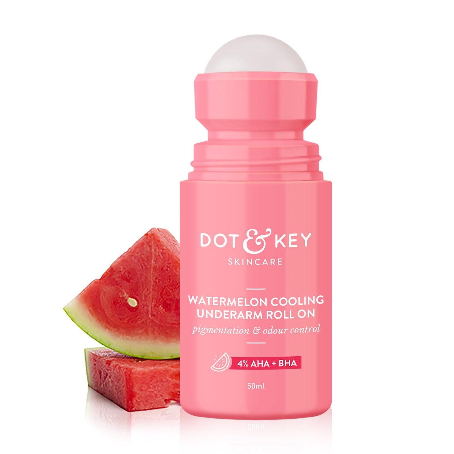 Dot & Key Watermelon Cooling Underarm Roll On 50ml | Odour & Sweat Controls | 4% AHA + BHA | Fresh Aqua Fragrance | Gently Exfoliates & Smooths Skin | For Men & Women | Made in India