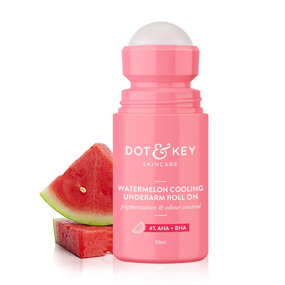 Dot & Key Watermelon Cooling Underarm Roll On 50ml | Odour & Sweat Controls | 4% AHA + BHA | Fresh Aqua Fragrance | Gently Exfoliates & Smooths Skin | For Men & Women | Made in India