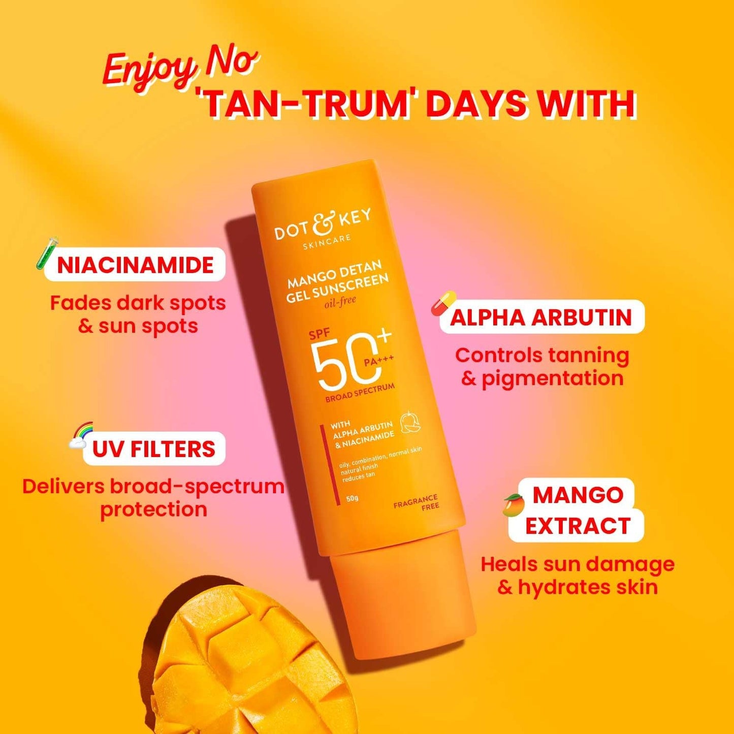 Dot & Key Mango Detan Gel Sunscreen SPF 50+ PA+++ 80gm | Oil-Free, With Alpha-Arbutin & Niacinamide | Controls Tanning, Brightens Skin | Fades Dark Spots, Water Resistant | All Skin Types