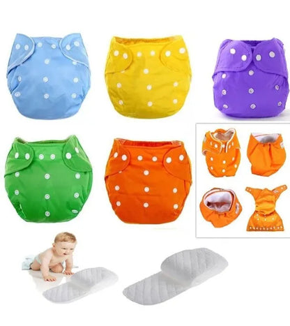 Washable Cloth Baby Diaper 1/3/5pcs with  Pad -3 Layer Multicolor Printed